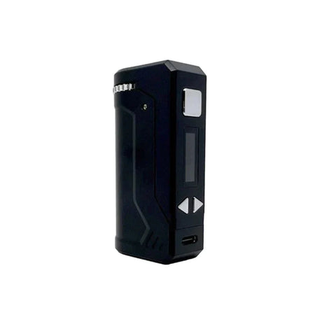 Front profile view of the Yocan UNI Plus portable mod in solid black. This highly versatile cartridge vaporizer features an ergonomic chassis and extended battery life for longer, uninterrupted daily vaping sessions.