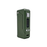 Front profile view of the Yocan UNI Plus portable mod in dark green. This highly versatile cartridge vaporizer features an ergonomic chassis and extended battery life for longer, uninterrupted daily vaping sessions.