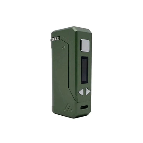 Front profile view of the Yocan UNI Plus portable mod in dark green. This highly versatile cartridge vaporizer features an ergonomic chassis and extended battery life for longer, uninterrupted daily vaping sessions.
