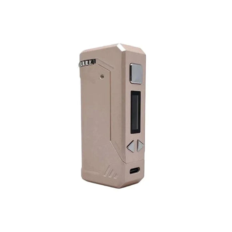 Front profile view of the Yocan UNI Plus portable mod in flat tan. This highly versatile cartridge vaporizer features an ergonomic chassis and extended battery life for longer, uninterrupted daily vaping sessions.
