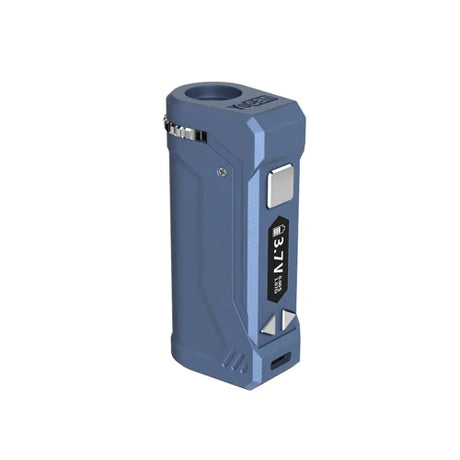 Front view of the Yocan Uni Pro 2.0 cartridge battery in blue. This durable zinc alloy box mod features a universal 510-threaded magnetic adapter that accommodates a wide array of oil cartridges.