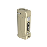 Front view of the Yocan Uni Pro 2.0 cartridge battery in gold. This stylish device features an integrated juice level window so you can easily monitor your remaining oil contents.