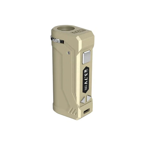 Front view of the Yocan Uni Pro 2.0 cartridge battery in gold. This stylish device features an integrated juice level window so you can easily monitor your remaining oil contents.