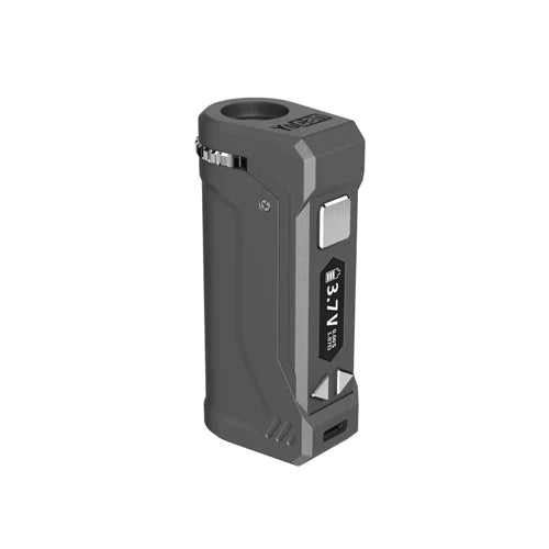 Front view of the Yocan Uni Pro 2.0 cartridge battery in grey. This pocket-sized vaporizer uses smart Type-C fast charging to minimize waiting times between vaping sessions.