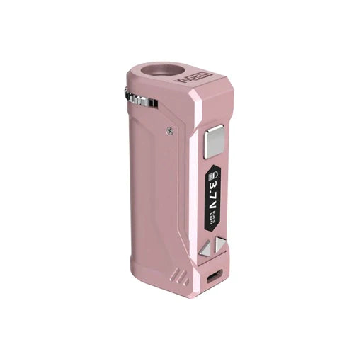 Front view of the Yocan Uni Pro 2.0 cartridge battery in rose gold. This upgraded box mod comes equipped with a reliable 650mAh built-in battery to power long-lasting vaping sessions.