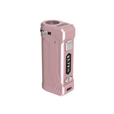 Front view of the Yocan Uni Pro 2.0 cartridge battery in rose gold. This upgraded box mod comes equipped with a reliable 650mAh built-in battery to power long-lasting vaping sessions.