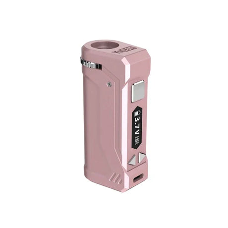 Front view of the Yocan Uni Pro 2.0 cartridge battery in rose gold. This upgraded box mod comes equipped with a reliable 650mAh built-in battery to power long-lasting vaping sessions.