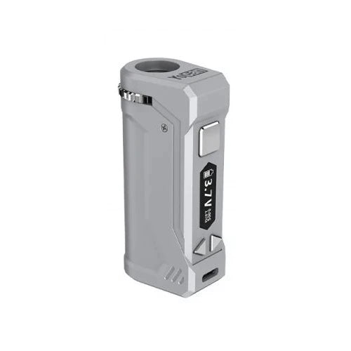 Front view of the Yocan Uni Pro 2.0 cartridge battery in silver. This zinc alloy oil vape pen offers fully customizable voltage settings ranging precisely from 1.8V to 4.2V.