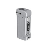 Front view of the Yocan Uni Pro 2.0 cartridge battery in silver. This zinc alloy oil vape pen offers fully customizable voltage settings ranging precisely from 1.8V to 4.2V.