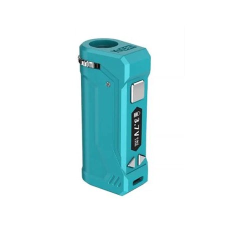 Front view of the Yocan Uni Pro 2.0 cartridge battery in teal. This portable battery features a 10-second preheat function at 1.8V to effectively prime thicker oils and concentrates.