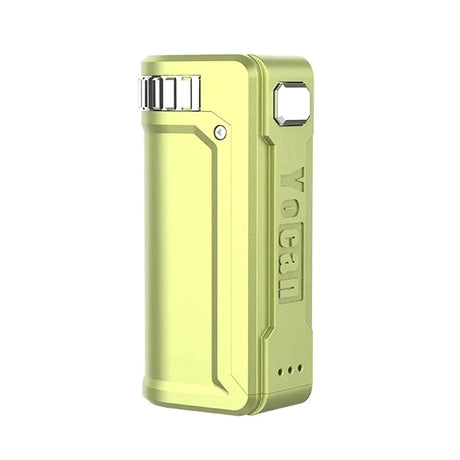 Front view of the Yocan UNI S universal portable mod in sleek apple yellow. This ultra-compact, zinc alloy vaporizer battery features adjustable dials to perfectly secure and conceal any standard 510-thread oil cartridge.