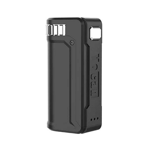 Front view of the Yocan UNI S universal portable mod in sleek solid black. This ultra-compact, zinc alloy vaporizer battery features adjustable dials to perfectly secure and conceal any standard 510-thread oil cartridge.