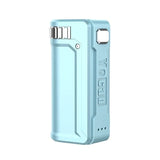 Front view of the Yocan UNI S universal portable mod in sleek blue. This ultra-compact, zinc alloy vaporizer battery features adjustable dials to perfectly secure and conceal any standard 510-thread oil cartridge.