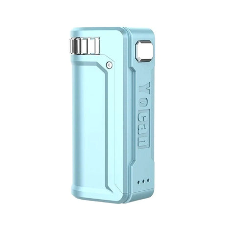 Front view of the Yocan UNI S universal portable mod in sleek blue. This ultra-compact, zinc alloy vaporizer battery features adjustable dials to perfectly secure and conceal any standard 510-thread oil cartridge.