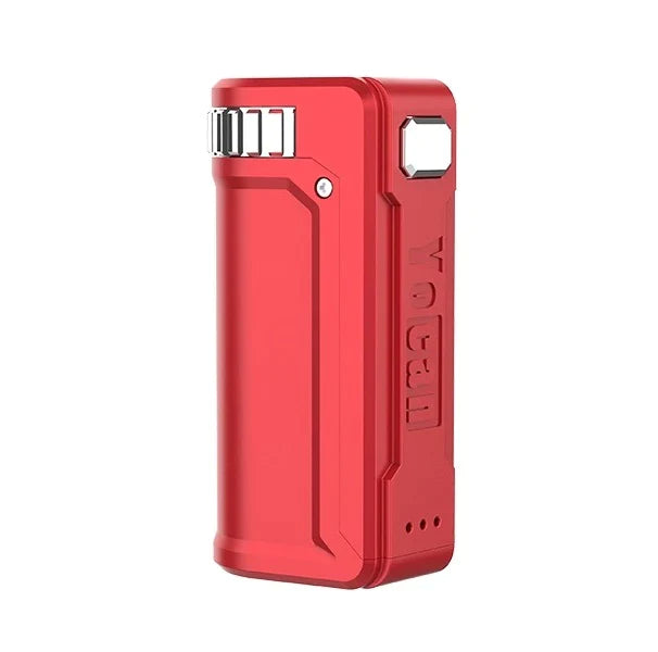 Front view of the Yocan UNI S universal portable mod in bright red. This ultra-compact, zinc alloy vaporizer battery features adjustable dials to perfectly secure and conceal any standard 510-thread oil cartridge.