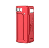 Front view of the Yocan UNI S universal portable mod in bright red. This ultra-compact, zinc alloy vaporizer battery features adjustable dials to perfectly secure and conceal any standard 510-thread oil cartridge.