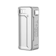 Front view of the Yocan UNI S universal portable mod in sleek solid silver. This ultra-compact, zinc alloy vaporizer battery features adjustable dials to perfectly secure and conceal any standard 510-thread oil cartridge.