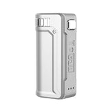 Front view of the Yocan UNI S universal portable mod in sleek solid silver. This ultra-compact, zinc alloy vaporizer battery features adjustable dials to perfectly secure and conceal any standard 510-thread oil cartridge.