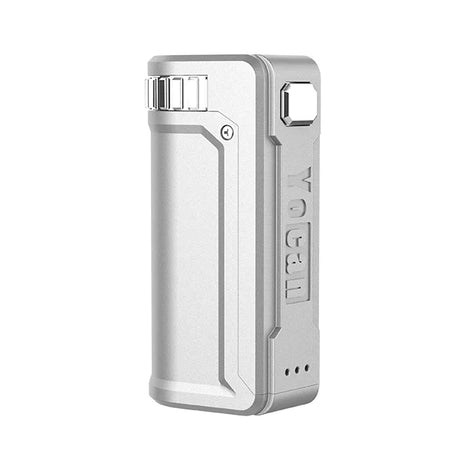 Front view of the Yocan UNI S universal portable mod in sleek solid silver. This ultra-compact, zinc alloy vaporizer battery features adjustable dials to perfectly secure and conceal any standard 510-thread oil cartridge.