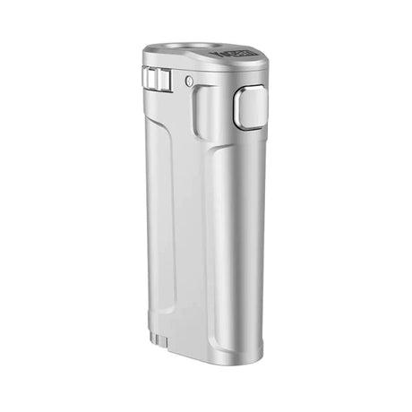 Front view of the Yocan UNI Twist universal portable mod in solid matte black. This highly durable, metal-bodied 510-thread battery features adjustable dials to perfectly fit and conceal virtually any size oil cartridge.