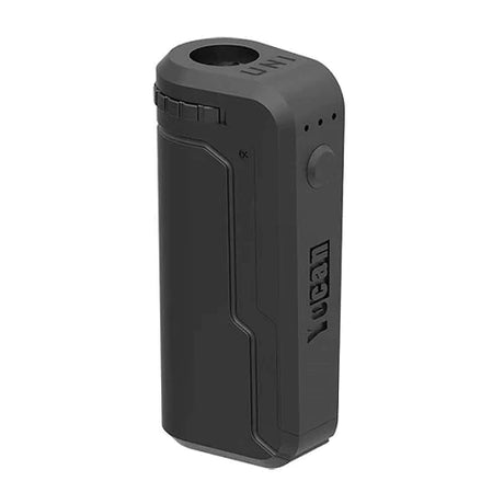 Front view of the Yocan UNI universal box mod in a classic matte Black finish. This durable, palm-sized oil vape battery utilizes a single-button control scheme for discreet, everyday oil vaporization.