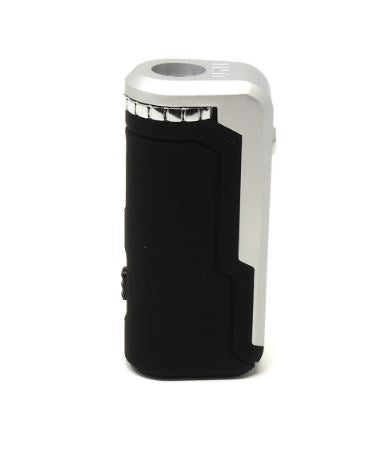 Front view of the Yocan UNI universal box mod in a high-contrast two-tone Black & Silver split finish. This variable voltage cart mod lets users fully conceal standard pre-filled oil attachments within its body frame.