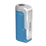 Front view of the Yocan UNI universal box mod showcasing a striking two-tone metallic Blue & Silver split colorway. The ergonomic form factor provides a secure hand grip while adjusting internal sliding components.