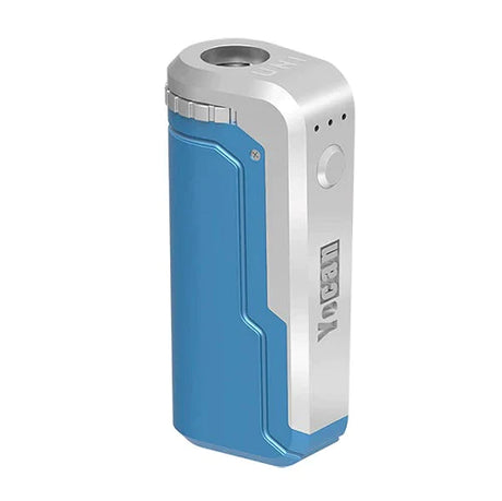 Front view of the Yocan UNI universal box mod showcasing a striking two-tone metallic Blue & Silver split colorway. The ergonomic form factor provides a secure hand grip while adjusting internal sliding components.