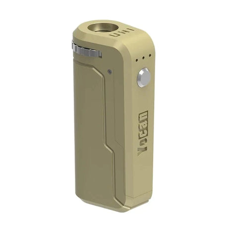 Front view of the Yocan UNI universal box mod featuring a premium, non-reflective Matte Gold coating. This elegant oil pen battery blends premium luxury styling with reliable, heavy-duty hardware performance.