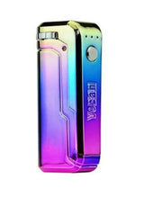 Front view of the Yocan UNI universal box mod highlighting a vibrant, eye-catching iridescent multi-color Rainbow finish. This colorful e-cigarette mod stands out visually while delivering consistent, low-heat flavor extraction.