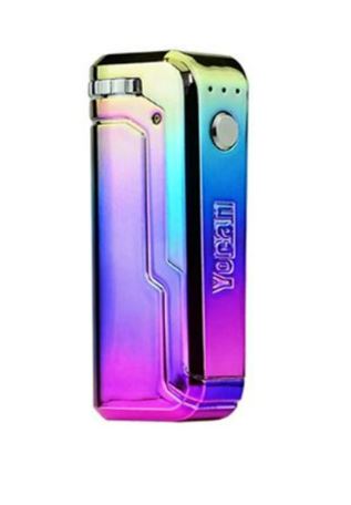 Front view of the Yocan UNI universal box mod highlighting a vibrant, eye-catching iridescent multi-color Rainbow finish. This colorful e-cigarette mod stands out visually while delivering consistent, low-heat flavor extraction.