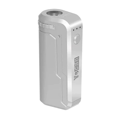 Front view of the Yocan UNI universal box mod encased in a sleek, brushed metallic Silver shell. The rugged exterior safeguards internal circuitry and components from damage during mobile travel or outdoor use.