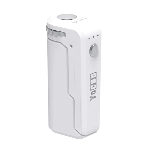 Front view of the Yocan UNI universal box mod in a clean White finish. This smart cartridge battery features a fully adjustable chamber design engineered to fit any size 510-threaded oil tank perfectly.