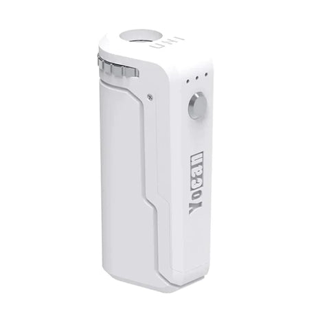 Front view of the Yocan UNI universal box mod in a clean White finish. This smart cartridge battery features a fully adjustable chamber design engineered to fit any size 510-threaded oil tank perfectly.