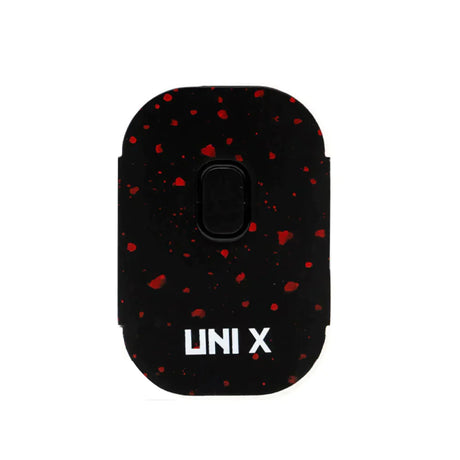 Front view of the Yocan Wulf Mods UNI X cartridge vaporizer in black and red spatter. This ultra-compact 510-thread battery is designed for premium oil vaporization and features a sleek, palm-sized body for ultimate portability.