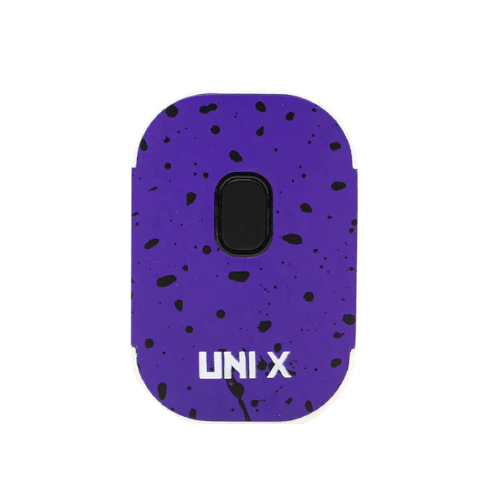 Front view of the Yocan Wulf Mods UNI X cartridge vaporizer in purple and black spatter. This ultra-compact 510-thread battery is designed for premium oil vaporization and features a sleek, palm-sized body for ultimate portability.