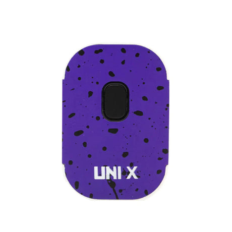 Front view of the Yocan Wulf Mods UNI X cartridge vaporizer in purple and black spatter. This ultra-compact 510-thread battery is designed for premium oil vaporization and features a sleek, palm-sized body for ultimate portability.