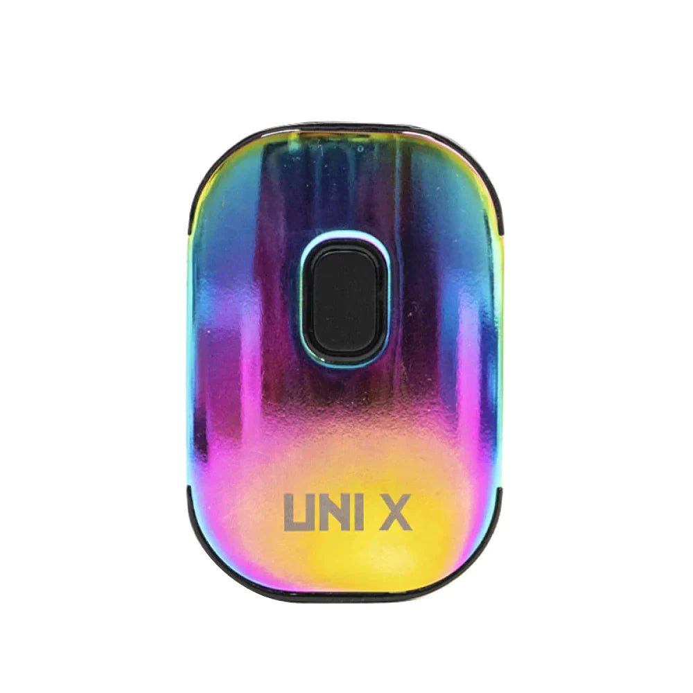 Front view of the Yocan Wulf Mods UNI X cartridge vaporizer in rainbow spatter. This ultra-compact 510-thread battery is designed for premium oil vaporization and features a sleek, palm-sized body for ultimate portability.