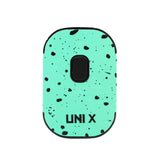 Front view of the Yocan Wulf Mods UNI X cartridge vaporizer in teal and black spatter. This ultra-compact 510-thread battery is designed for premium oil vaporization and features a sleek, palm-sized body for ultimate portability.