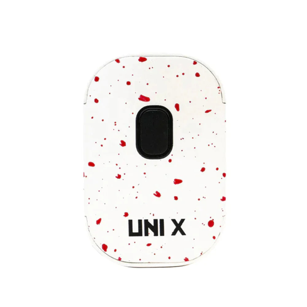 Front view of the Yocan Wulf Mods UNI X cartridge vaporizer in white and red spatter. This ultra-compact 510-thread battery is designed for premium oil vaporization and features a sleek, palm-sized body for ultimate portability.