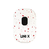 Front view of the Yocan Wulf Mods UNI X cartridge vaporizer in white and red spatter. This ultra-compact 510-thread battery is designed for premium oil vaporization and features a sleek, palm-sized body for ultimate portability.