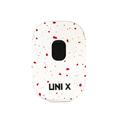 Front view of the Yocan Wulf Mods UNI X cartridge vaporizer in white and red spatter. This ultra-compact 510-thread battery is designed for premium oil vaporization and features a sleek, palm-sized body for ultimate portability.