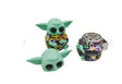Front view of the Yoda dry herb grinder molded in his signature green color. This pop-culture novelty preparation tool features a sculpted character exterior that acts as a natural textured grip while twisting dense botanical materials.