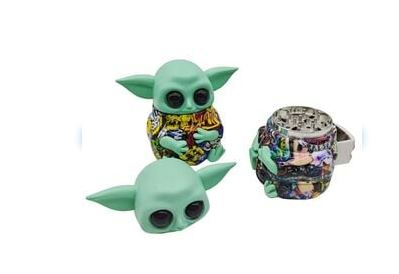 Front view of the Yoda dry herb grinder molded in his signature green color. This pop-culture novelty preparation tool features a sculpted character exterior that acts as a natural textured grip while twisting dense botanical materials.