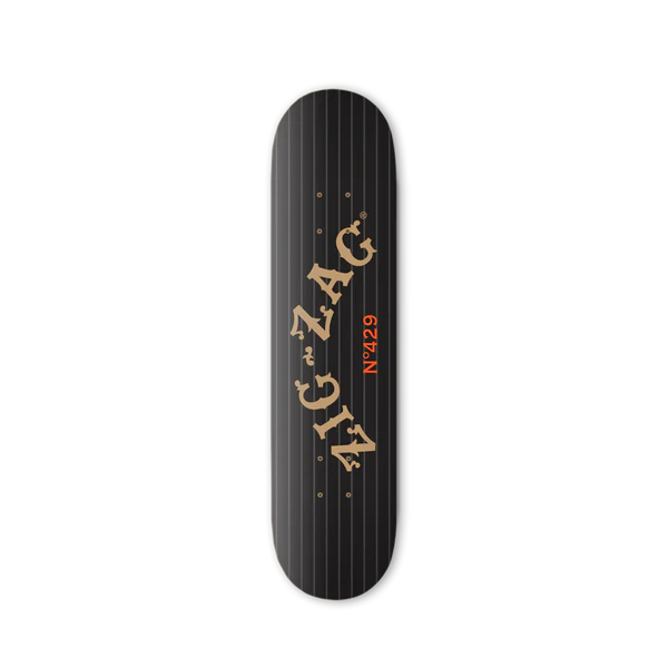 Front view of the Zig-Zag 8-inch skateboard deck showcasing the traditional gold vintage logo graphic. Designed to easily withstand heavy impact, this high-quality board provides a stable, responsive platform for riders of all skill levels.