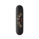 Front view of the Zig-Zag 8-inch skateboard deck showcasing the traditional gold vintage logo graphic. Designed to easily withstand heavy impact, this high-quality board provides a stable, responsive platform for riders of all skill levels.