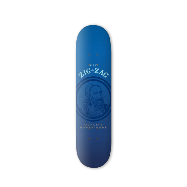 Front view of the Zig-Zag 8-inch skateboard decks arranged in a group showing blue classic brand graphics and colors. Constructed from durable 7-ply maple, these premium 8-inch decks are perfect for street skating, park riding, or displaying as iconic collector's art.