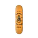 Front view of the Zig-Zag 8-inch skateboard deck featuring the classic orange and yellow branding. Built with a highly versatile medium concave, this sturdy 7-ply maple deck delivers excellent pop and foot control for technical flip tricks.
