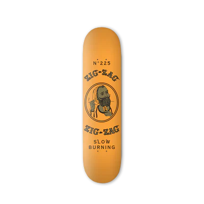 Front view of the Zig-Zag 8-inch skateboard deck featuring the classic orange and yellow branding. Built with a highly versatile medium concave, this sturdy 7-ply maple deck delivers excellent pop and foot control for technical flip tricks.
