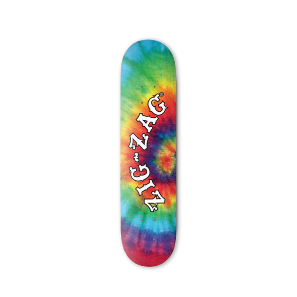 Front view of the Zig-Zag 8-inch skateboard deck showcasing the traditional white vintage logo graphic. Designed to easily withstand heavy impact, this high-quality board provides a stable, responsive platform for riders of all skill levels.